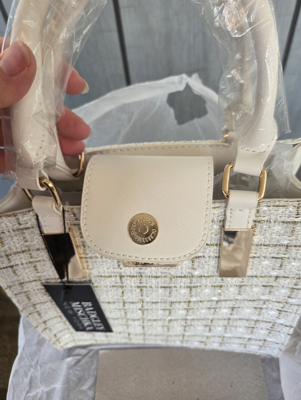 Badgley Mischka Cream Tweed Satchel Handbag - Picture 3 of 4